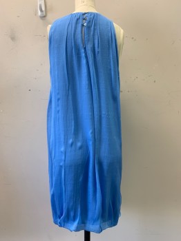 ZARA, Blue, Silk, Solid, Sleeveless, Crew Neck, Ruffled Flowers On Shoulder, 3 Back Buttons