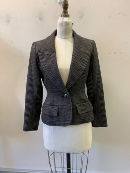 Womens, Blazer, YVES SAINT LAURENT, Black, Beige, Multi-color, Wool, Plaid, B34, Peaked Lapel, 1 Wooden Button, 2 Pockets, Gray And Navy Details