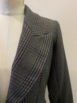 YVES SAINT LAURENT, Black, Beige, Multi-color, Wool, Plaid, Peaked Lapel, 1 Wooden Button, 2 Pockets, Gray And Navy Details
