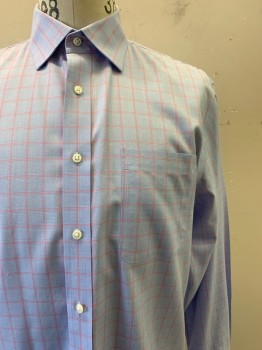 Nordstrom, French Blue, Salmon Pink, Cotton, Grid , L/S, Button Front, Collar Attached, Chest Pocket
