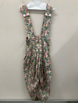Womens, Pants, N/L, Beige, Sage Green, Pink, Gray, Cotton, Floral, W: 26, Shoulder Straps With Buttons, Pleated, Wide Waist Band With 6 Buttons, Back Zip,
