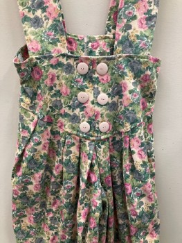 N/L, Beige, Sage Green, Pink, Gray, Cotton, Floral, Shoulder Straps With Buttons, Pleated, Wide Waist Band With 6 Buttons, Back Zip,