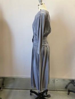 DAWN JOY, Pewter Gray, Rayon, Solid, 2 Color Weave, Sharkskin, Jewel Neck, Shoulder Pads, Decorative Button Detail At Left Shoulder And 3 Pleats At Right Shoulder,  Dolman L/S, Self Waist Sash Insert with Triangular Button Tab Detail CF, Button And Zip Back Closure, Pleated Flared Skirt To Below Knee