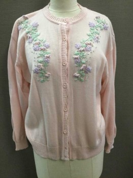 AMARI, Pink, Lavender Purple, Mint Green, Acrylic, Floral, Solid, Knit, Flower And Leaf Pastel Embroidery At Shoulders/Front, 8 Pink Buttons At Front, Round Neck,  Long Sleeves, Cardigan