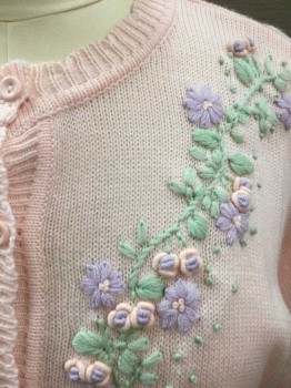 Womens, Sweater, AMARI, Pink, Lavender Purple, Mint Green, Acrylic, Floral, Solid, B:44, Knit, Flower And Leaf Pastel Embroidery At Shoulders/Front, 8 Pink Buttons At Front, Round Neck,  Long Sleeves, Cardigan