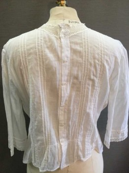 MTO, White, Cotton, Solid, Button Back, Pintucked Stripes, Crochet Yoke/Collar, Lace Cuff, 3/4 Sleeve,