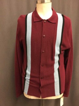 Mens, Sweater, RETRO BLUES, Red Burgundy, Powder Blue, Black, Acrylic, Stripes, L, Cardigan, Collar Attached,  Button Front, Long Sleeves,