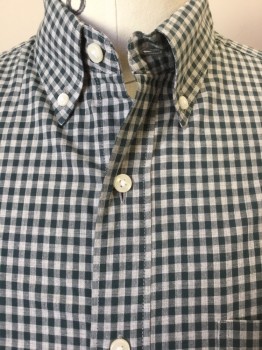 J.CREW, Dk Green, White, Cotton, Polyester, Gingham, Dark Green/ White Gingham, Collar Attached, Button Down, Button Front, 1 Pocket, Long Sleeves,