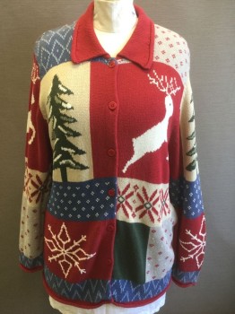 Womens, Cardigan Sweater, CHEROKEE, Multi-color, Red, Olive Green, Beige, Cream, Ramie, Cotton, Holiday, Novelty Pattern, 18/20W, 1X, Squares of Red, Cream, Olive, Gray, Etc with Novelty Christmas Designs (IE: Pine Tree, Reindeer, Snowflakes, Etc) Knit, Long Sleeves, 6 Red Buttons at Center Front, Collar Attached, 1990's