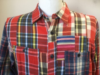 DENIM & SUPPLY (RL), Red, Brown, Black, Steel Blue, Yellow, Cotton, Plaid, Color Blocking, Red with , Brown, Yellow Cream Plaid/ Black, Steel, Red,beige Plaid, Royal Blue, Pink, Gray, Beige Horizontal Stripes Color Block Collar Attached, Button Front, 2 Pockets, Long Sleeves,