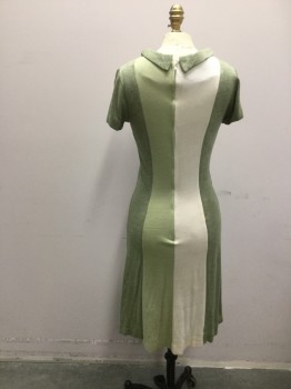 N/L, Sage Green, Lime Green, Cream, Wool, Stripes, Jersey Knit Wool, Vertical Panel Stripes, Narrow Cawl Neck with Self Tie at Side Left Front. Short Sleeves, Zipper Center Back, Stain at Zipper at Upper Back. Hole in Dress Near Back Neck