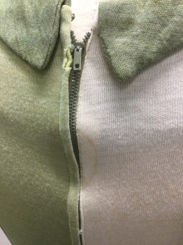 N/L, Sage Green, Lime Green, Cream, Wool, Stripes, Jersey Knit Wool, Vertical Panel Stripes, Narrow Cawl Neck with Self Tie at Side Left Front. Short Sleeves, Zipper Center Back, Stain at Zipper at Upper Back. Hole in Dress Near Back Neck