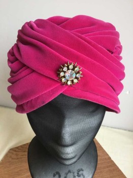 BRENTSHIRE, Pink, Lt Pink, Synthetic, Solid, Fuchsia Pink with Light Pink Inside, Folded Work, Turban-like, Iridescent Rhinestone Pin Front Center Forehead, See Photo Attached,