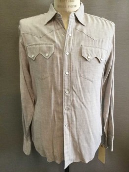 Mens, Western Shirt, Panhandle Slim, Oatmeal Brown, Wool, Cotton, Heathered, 34, 15.5, Long Sleeves, Collar Attached, Snap Button Front Closure, Western Chest Pockets