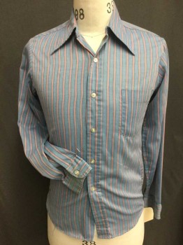 Mens, Dress Shirt, TOWN CRAFT, Slate Blue, Salmon Pink, Peach Orange, Poly/Cotton, Stripes - Vertical , 31, 14, Collar Attached, Button Front, 1 Pocket, Long Sleeves,