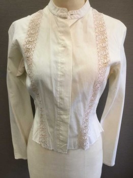 N/L, Cream, Ecru, Cotton, Stripes - Pin, Solid, Self Pinstripe and Circles Texture, Long Sleeve Button Front, Band Collar,  Ecru Sheer Lace 1.5" Wide Inset Stripes At Either Side Of Bust, Cream Lace Edging At Cuffs, Made To Order,