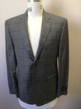 Mens, Suit, Jacket, TASSO ELBA , Gray, Brown, Wool, Plaid-  Windowpane, 40S, Gray with Brown Windowpane Stripes, Single Breasted, Notched Lapel, 2 Buttons, 3 Pockets, Dark Gray Lining