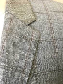Mens, Suit, Jacket, TASSO ELBA , Gray, Brown, Wool, Plaid-  Windowpane, 40S, Gray with Brown Windowpane Stripes, Single Breasted, Notched Lapel, 2 Buttons, 3 Pockets, Dark Gray Lining
