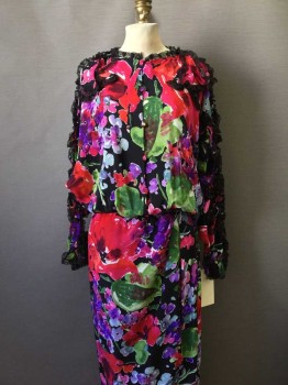 Black, Red, Pink, Purple, Green, Polyester, Floral, Button Front, Black Lace Trim, Gathered Cross Over Skirt, Long Sleeves, (missing Belt), Floor Length