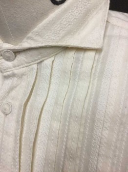 Mens, Historical Fiction Shirt, N/L, Cream, Cotton, Stripes - Vertical , XL, Self Vertical Ribbed/Stripe Texture, Long Sleeves, Soft Collar Attached, 5 Button Semi Open Front, Vertical Pleats At Center Front, Center Back, & Sleeves