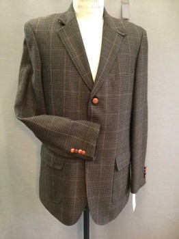 Mens, Sportcoat/Blazer, TOMMY HILFIGER, Brown, Orange, Gray, Wool, Plaid, 40L, 3 Buttons, 3 Pockets, 2 with Flaps, Notched Lapel with Button Loop Detail, Suede Elbow Patches, Leather Basket Weave Buttons, Professorial