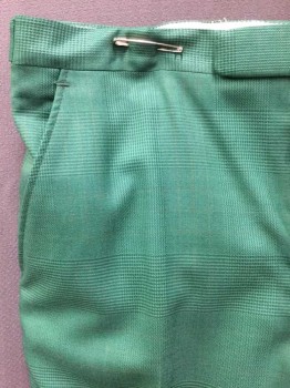 NO LABEL, Green, Dk Green, Poly/Cotton, Glen Plaid, Side Pockets, Flat Front, Button Tab, Side Tabs