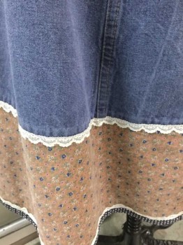 Womens, Skirt, JESSICA'S GUNNIES , Denim Blue, Lt Brown, White, Navy Blue, Cotton, Solid, Floral, Denim, Bronze Metal Buttons At Center Front, Dusty Brown Calico Panel At Bottom, W/White Lace Trim, Navy Polka Dot Binding At Hem, A Line, Hem Below Knee, Late 1970's  **Missing Top Button