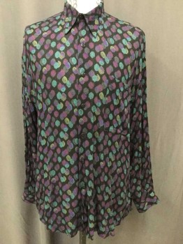 Mens, Club Shirt, L'UOMO By ENRO, Black, Purple, Olive Green, Teal Blue, Rayon, Novelty Pattern, M, Lemon Shaped Dots, Long Sleeves, Button Front, Collar Attached, 1 Pocket