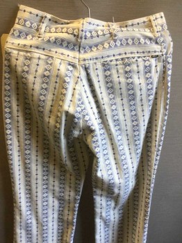 Mens, Pants, GUYS, Cream, Royal Blue, Cotton, Stripes - Vertical , Diamonds, 33, 28, Flat Front, 4 Pockets, Zip Front, Belt Loops, Twill, Printed Patterned Stripes, Multiples,