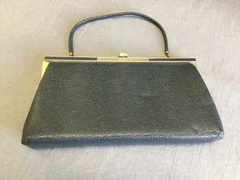 Womens, Purse, N/L, Navy Blue, Gold, Leather, Rayon, Reptile/Snakeskin, Trapezoid, Small Handle, Clasp