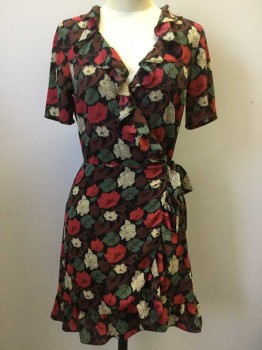 Womens, Dress, Short Sleeve, TOPSHOP, Black, Red, Olive Green, Brown, Polyester, Spandex, Floral, 4, Wrap Dress, Short Sleeves, Ruffle Collar, Ruffle Hem, Self Belt