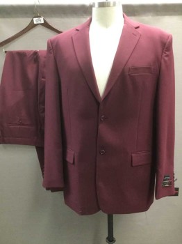 Mens, Suit, Jacket, LUCCI, Red Burgundy, Polyester, Solid, 48L, Single Breasted, Collar Attached, Notched Lapel, 3 Pockets, 2 Buttons