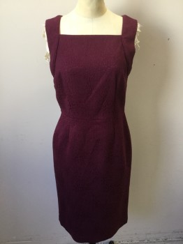 Womens, Dress, Sleeveless, BANANA REPUBLIC, Maroon Red, Polyester, Cotton, Reptile/Snakeskin, 4, Maroon Reptile with Solid Maroon Lining, Square Neck, Sleeveless, Zip Back, & Split Back