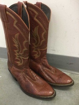 Mens, Cowboy Boots , JUSTIN, Brown, Red, Yellow, Leather, Abstract , 10, Brown, Reptile/Snakeskin Texture on Foot, Red and Yellow Embroidery, 2" Cuban Heel