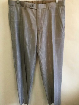 ANGELO ROSSI, Gray, White, Polyester, Rayon, Plaid - Tattersall, Gray with White Tattersall, Flat Front, Button Tab Waist, Zip Fly, Straight Leg
