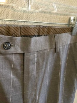 ANGELO ROSSI, Gray, White, Polyester, Rayon, Plaid - Tattersall, Gray with White Tattersall, Flat Front, Button Tab Waist, Zip Fly, Straight Leg
