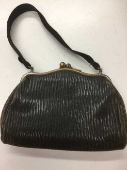 Womens, Purse, Black, Leather, Solid, Faded Black Textured Leather with Black Velvet Strap, See Photo Attached,