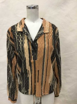 Womens, Blouse, N/L, Tan Brown, Black, Gold, Metallic, Cream, Polyester, Abstract , Stripes, Long Sleeves, Pullover, Abstract Dots/Circles/Stripes Pattern, Button Cuffs, Drawstring Waist, Placket Neck, Disco Style
