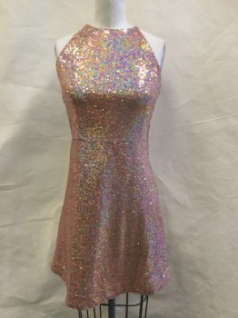 AQUA, Peach Orange, Sequins, Polyester, Speckled, Round Neck, Back Zipper,  Lots of Shoulder, A-line Skirt, All Over Iridescent Little Circle Sequins, Pretty Little Space Angel Pixie