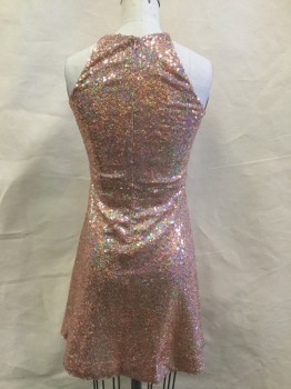 AQUA, Peach Orange, Sequins, Polyester, Speckled, Round Neck, Back Zipper,  Lots of Shoulder, A-line Skirt, All Over Iridescent Little Circle Sequins, Pretty Little Space Angel Pixie