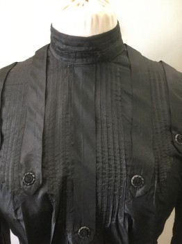 N/L, Black, Silk, Solid, Long Sleeves, Buttons in Back, Stand Collar, Vertical Pin Tucks at Shoulders and Back, Vertical Panels Attached at Shoulders with Pointed Ends, Decorative Buttons, Puffy Gathered Leg O'Mutton Sleeves, **Mended Extensively at Side ***Fabric is Worn/Fraying at Neck,
