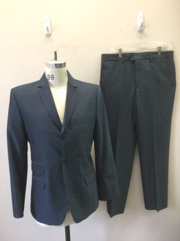 MERC, Slate Blue, Wool, Mohair, Solid, Single Breasted, Notched Lapel, 3 Self Fabric Covered Buttons, 4 Pockets, Purple Changeable Lining