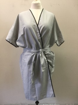 Unisex, Patient Robe, BETTY DAVIS, Lt Gray, Poly/Cotton, Solid, O/S, with Black Trim, Short Sleeves, Open Front with Self Belt