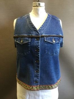 CAROLE LITTLE, Blue, Black, Multi-color, Cotton, Synthetic, Solid, Floral, Stonewashed Denim. 90's Vest. Brass Buttons at Center Front, 2 Pockets with Button Down Flaps, Black, Pink & Green Floral Ribbon Trim at Yoke Line Front. Gold, Pink & Black Brocade Ribbon Trim at Waist Band All Around
