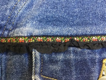 Womens, Vest, CAROLE LITTLE, Blue, Black, Multi-color, Cotton, Synthetic, Solid, Floral, 22, Stonewashed Denim. 90's Vest. Brass Buttons at Center Front, 2 Pockets with Button Down Flaps, Black, Pink & Green Floral Ribbon Trim at Yoke Line Front. Gold, Pink & Black Brocade Ribbon Trim at Waist Band All Around