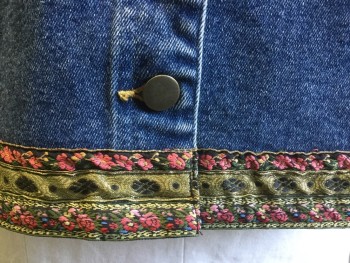 Womens, Vest, CAROLE LITTLE, Blue, Black, Multi-color, Cotton, Synthetic, Solid, Floral, 22, Stonewashed Denim. 90's Vest. Brass Buttons at Center Front, 2 Pockets with Button Down Flaps, Black, Pink & Green Floral Ribbon Trim at Yoke Line Front. Gold, Pink & Black Brocade Ribbon Trim at Waist Band All Around