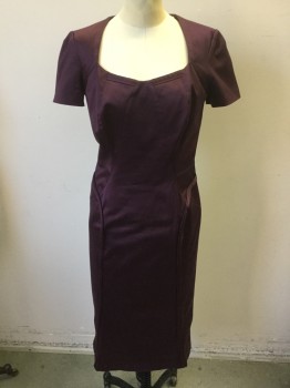 Womens, Dress, Short Sleeve, ZACK POSEN, Aubergine Purple, Cotton, Elastane, Solid, 8, Design Style Lines, Center Back Zipper,