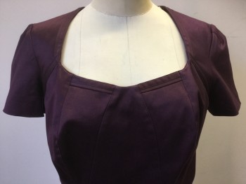 Womens, Dress, Short Sleeve, ZACK POSEN, Aubergine Purple, Cotton, Elastane, Solid, 8, Design Style Lines, Center Back Zipper,