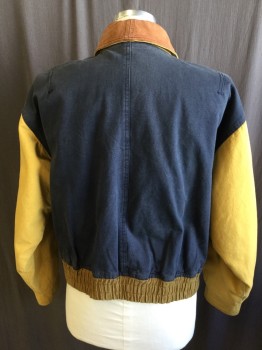 Mens, Jacket, M. JULIAN, Lt Brown, Faded Black, Rust Orange, Mustard Yellow, Cotton, Leather, Color Blocking, M, Leather Rust Collar Attached, Zip Front,  4 Pockets, Long Sleeves, Shinny Gold Lining, 52" Oversized