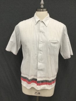 Mens, Casual Shirt, MC GREGOR, White, Red, Black, Linen, Cotton, Plaid - Tattersall, Stripes, L, Self Ghost Tattersall, Button Down Collar, Button Front, Short Sleeves, Slit Pocket